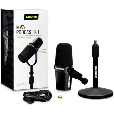 Shure MOTIV MV7+ Black XLR/USB dinamikus podcast mikrofon + asztali mikrofonállvány