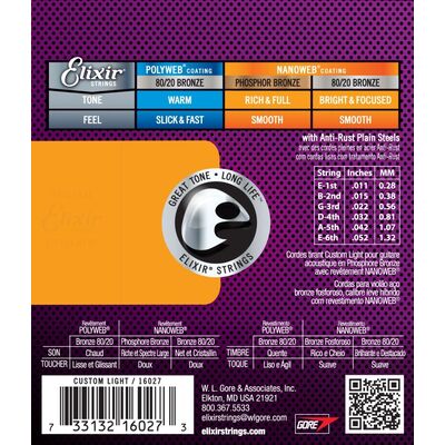 Elixir 16027 Phosphor Bronze NanoWeb 11-52 Custom Light akusztikus gitárhúr